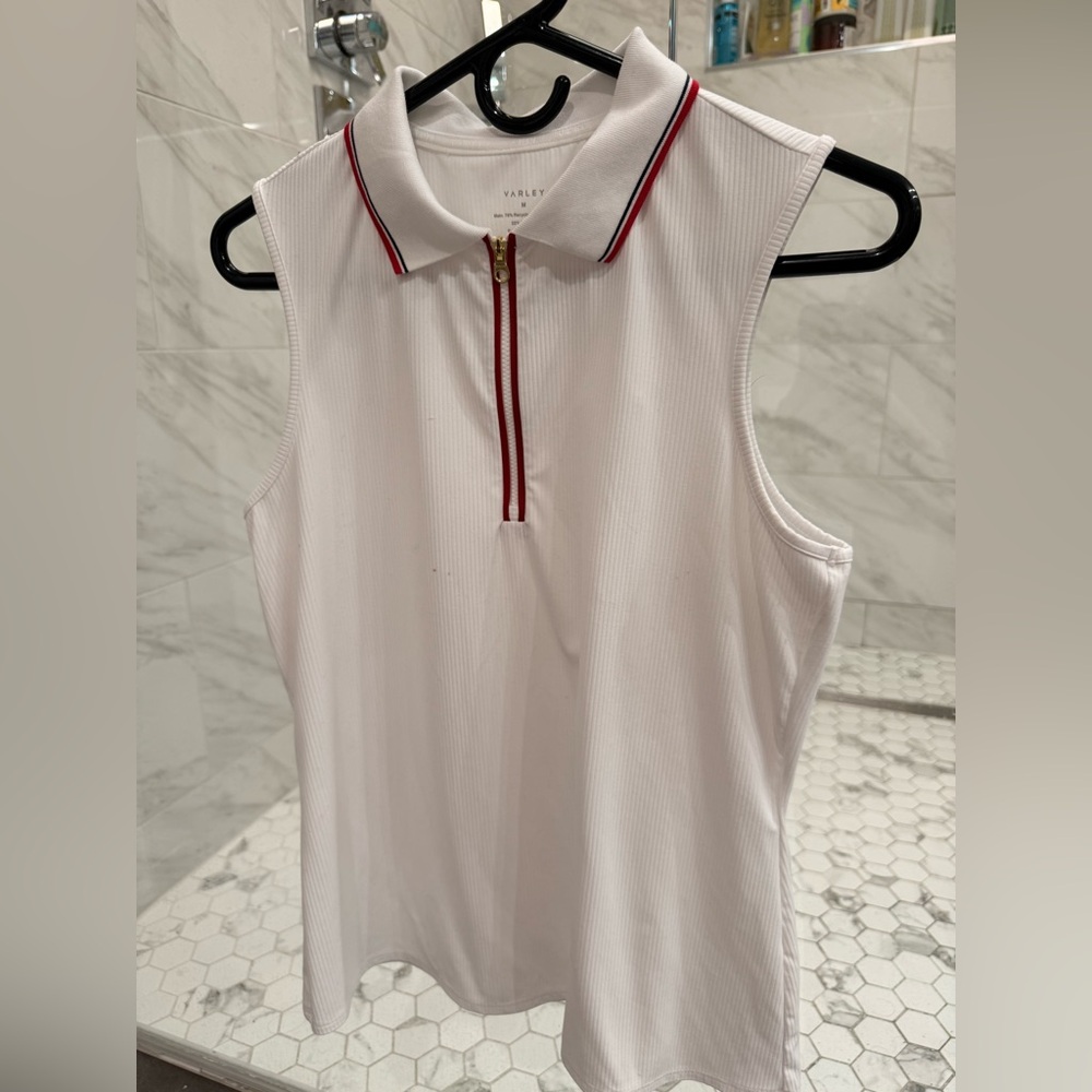 Varley White Sleeveless Polo with Red Zipper